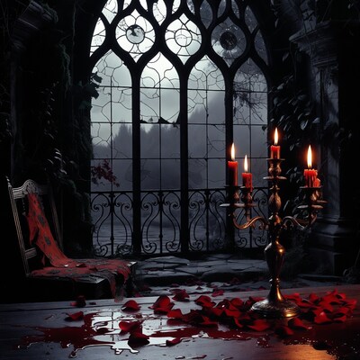 Gothic Window with Candelabra and Red Petals