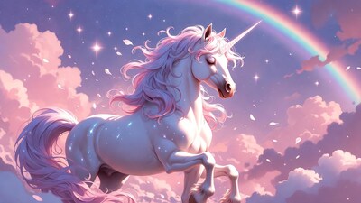 Majestic white unicorn with rainbow