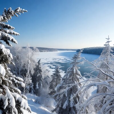 Snowy Trees Over Frozen Lake