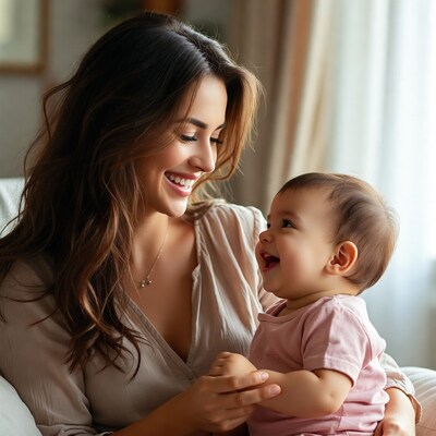 Mother smiling at happy baby