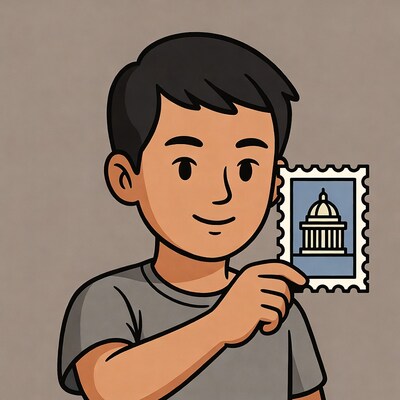 Asian man holding Capitol stamp