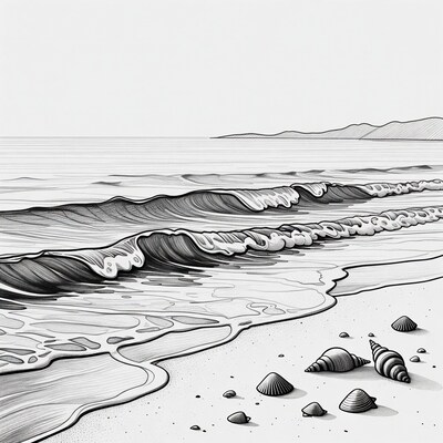 Waves crashing on beach with seashells