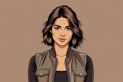 Illustrated woman in brown leather jacket