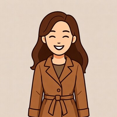 Smiling woman in brown trench coat illustration