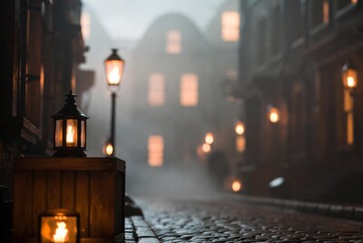 Foggy Cobblestone Alley with Lanterns
