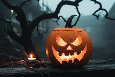 Lit Jack-o'-lantern with Candle