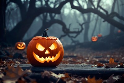 Jack-o'-lantern in foggy forest