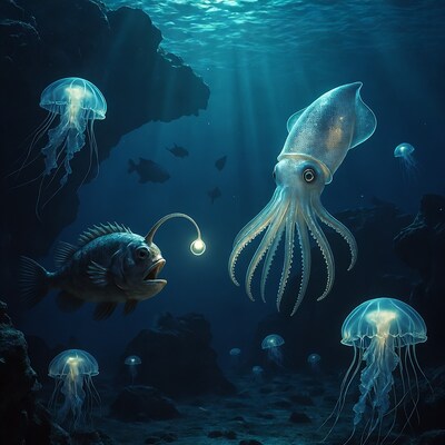 Squid and Anglerfish with Jellyfish Underwater