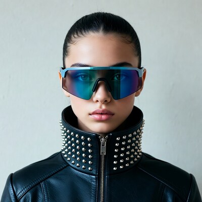 Woman in iridescent sunglasses and studded leather jacket