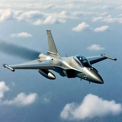 Silver fighter jet flying over clouds