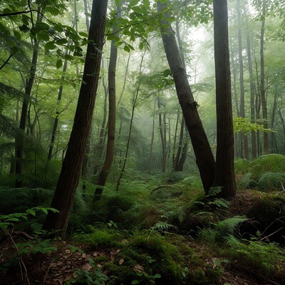 Misty Green Forest with Ferns