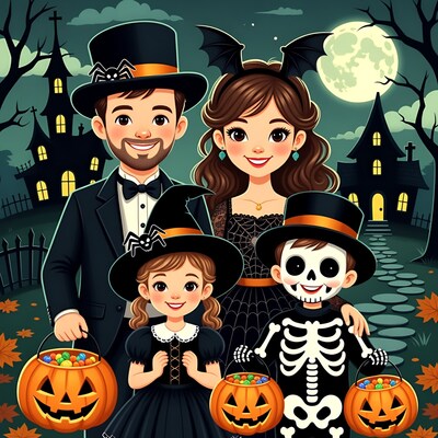 Family in Halloween Costumes with Pumpkins
