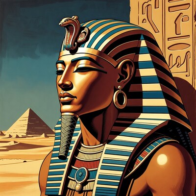 Egyptian Pharaoh in Desert with Pyramid