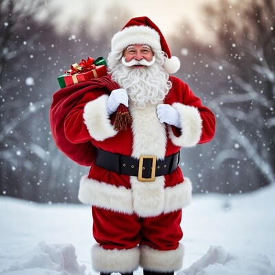 Santa Claus with sack and gifts in snow