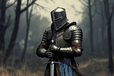 Knight Holding Sword in Foggy Forest