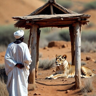 African man and lion under desert shelter
