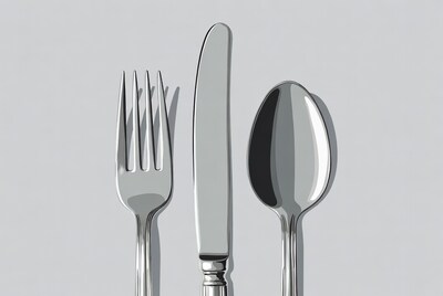 Silver Fork Knife Spoon on Gray Background