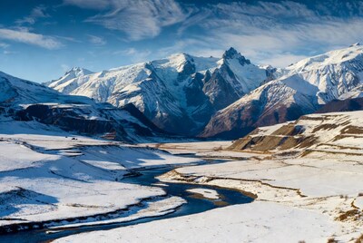 Snowy Mountains with Winding River