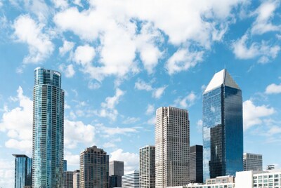 Modern skyscrapers under blue sky