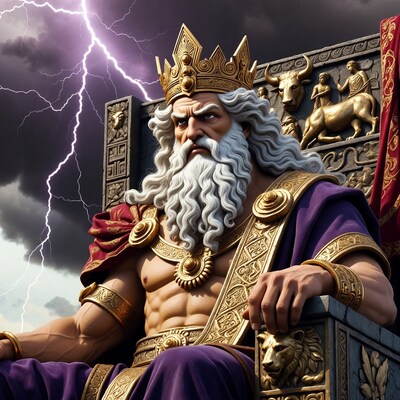 Zeus Sitting on Golden Throne with Lightning