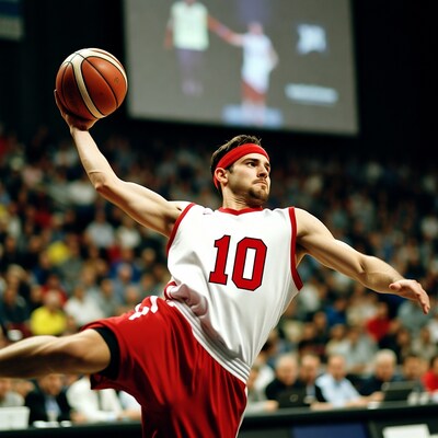 Basketball player dunking ball