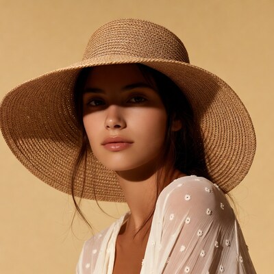 Woman wearing wide-brim straw hat