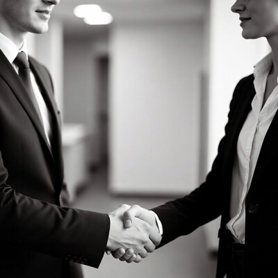 Businessman and businesswoman shaking hands