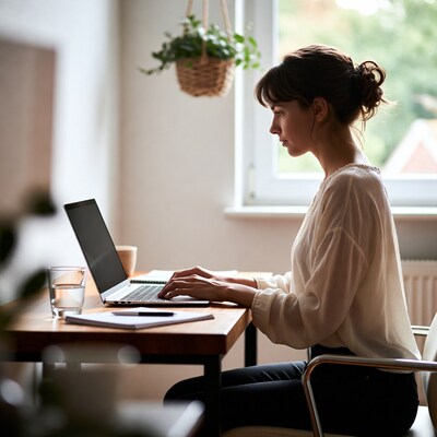Woman working on laptop at desk