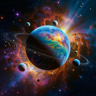 Vibrant Iridescent Planet in Cosmic Nebula