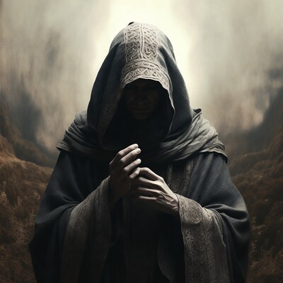 Hooded Man Holding Hands in Fog