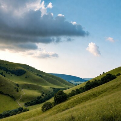 Green Rolling Hills with Clouds