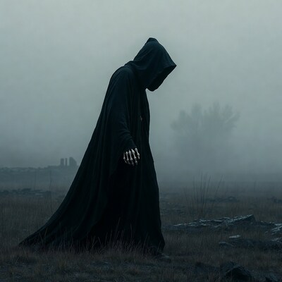 Skeleton-handed hooded figure in foggy field