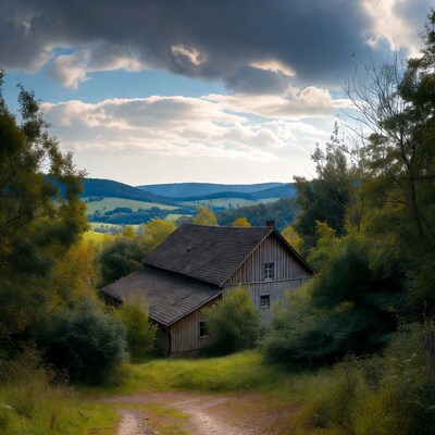 Wooden Cabin in Autumn Valley