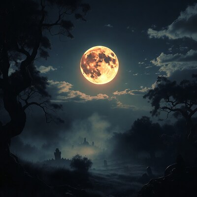 Full Moon Over Haunted Cemetery