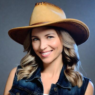 Woman smiling in beige cowboy hat