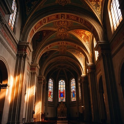 Sunlit Cathedral Interior with Stained Glass