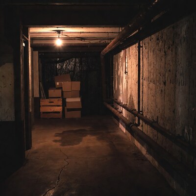 Abandoned Basement with Cardboard Boxes