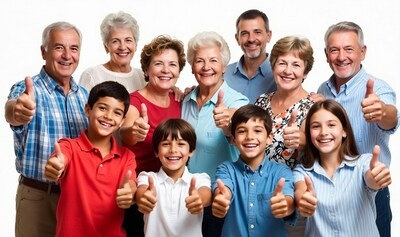 Multi-generational family giving thumbs up