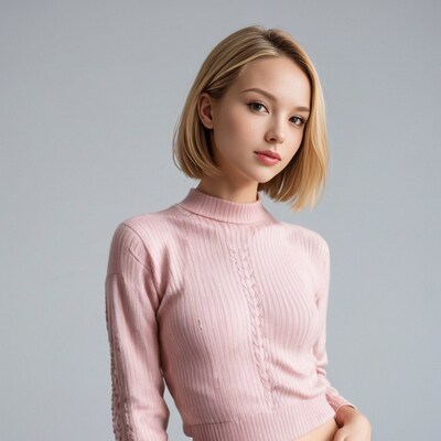 Blonde woman in pink turtleneck sweater