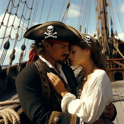Pirate man embracing woman on ship