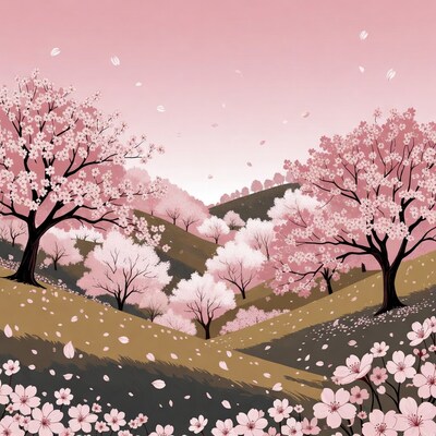 Cherry Blossom Trees on Hillside