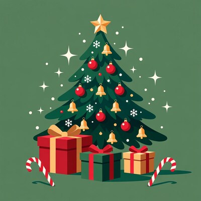 Illustrated Christmas Tree with Gifts
