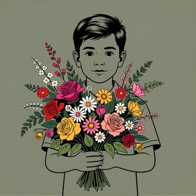 Boy holding colorful flower bouquet