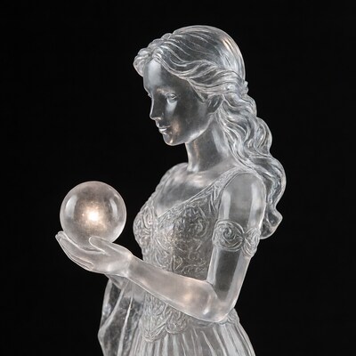 Crystal woman holding glowing orb