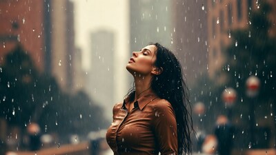 Woman standing in city rain