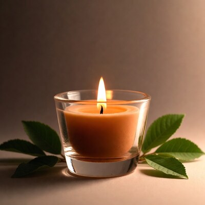 Burning Candle in Glass with Leaves