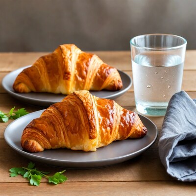 Croissants with Water on Wooden Table