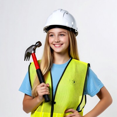 Girl with hammer and hard hat