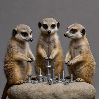 Three meerkats playing with bolts