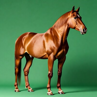 Shiny chestnut horse on green background